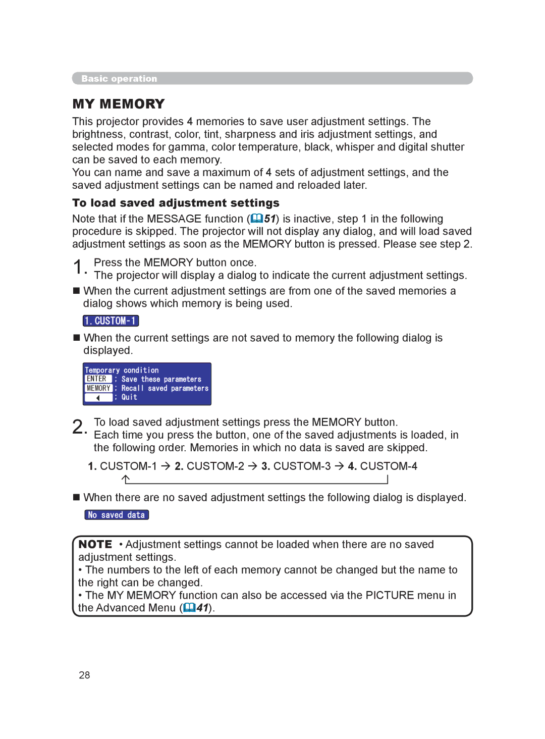 Hitachi HDPJ52 user manual MY Memory, To load saved adjustment settings 