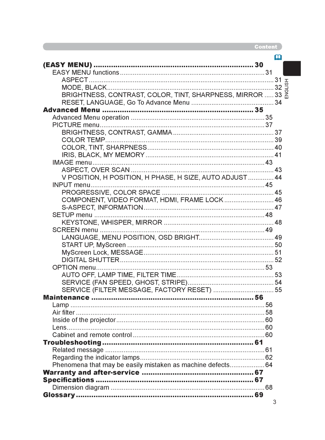 Hitachi HDPJ52 user manual Advanced Menu, Maintenance, Troubleshooting, Warranty and after-service Speciﬁcations, Glossary 