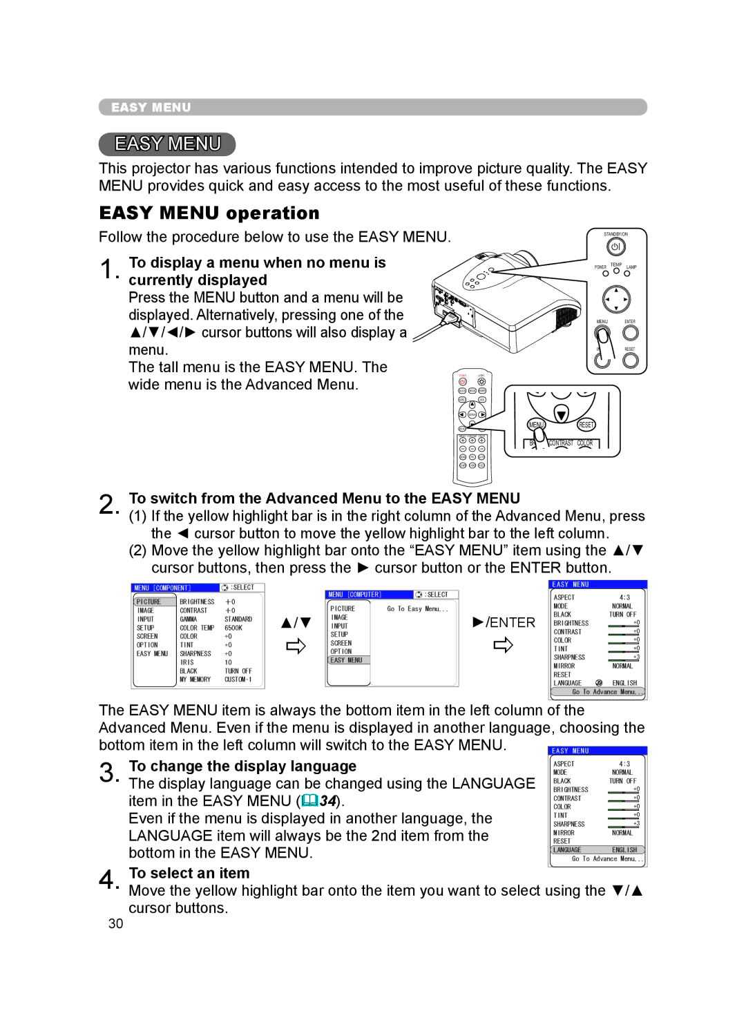 Hitachi HDPJ52 Easy Menu operation, To display a menu when no menu is currently displayed, To change the display language 