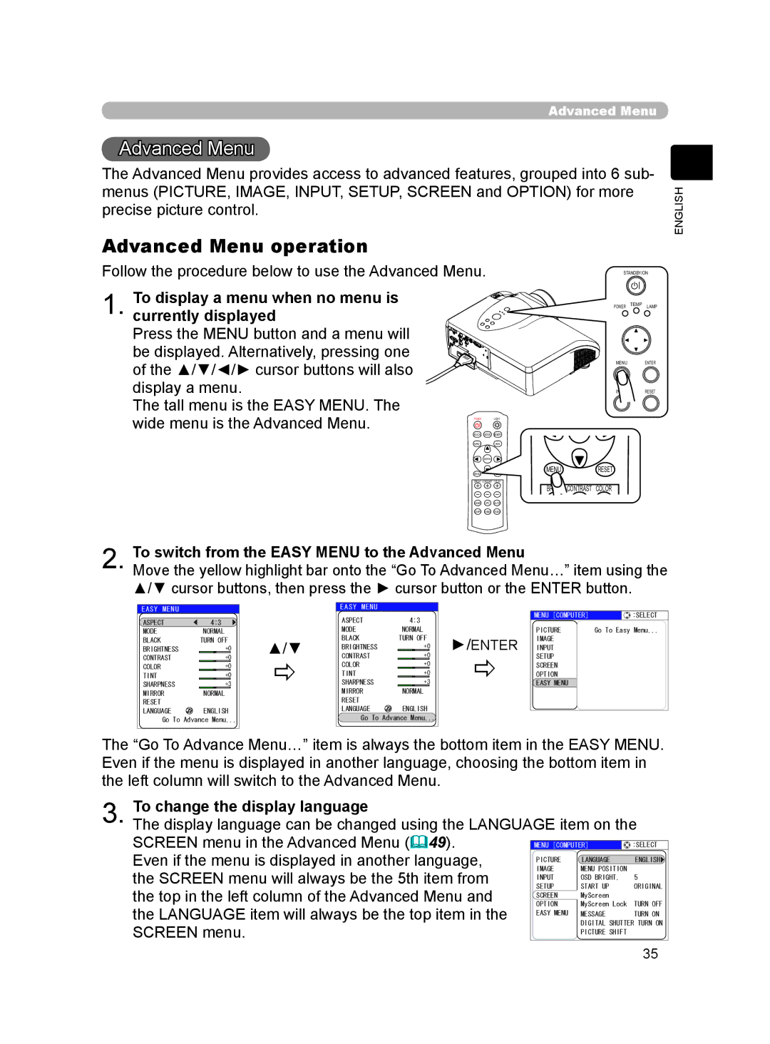 Hitachi HDPJ52 user manual Advanced Menu operation, To switch from the Easy Menu to the Advanced Menu 