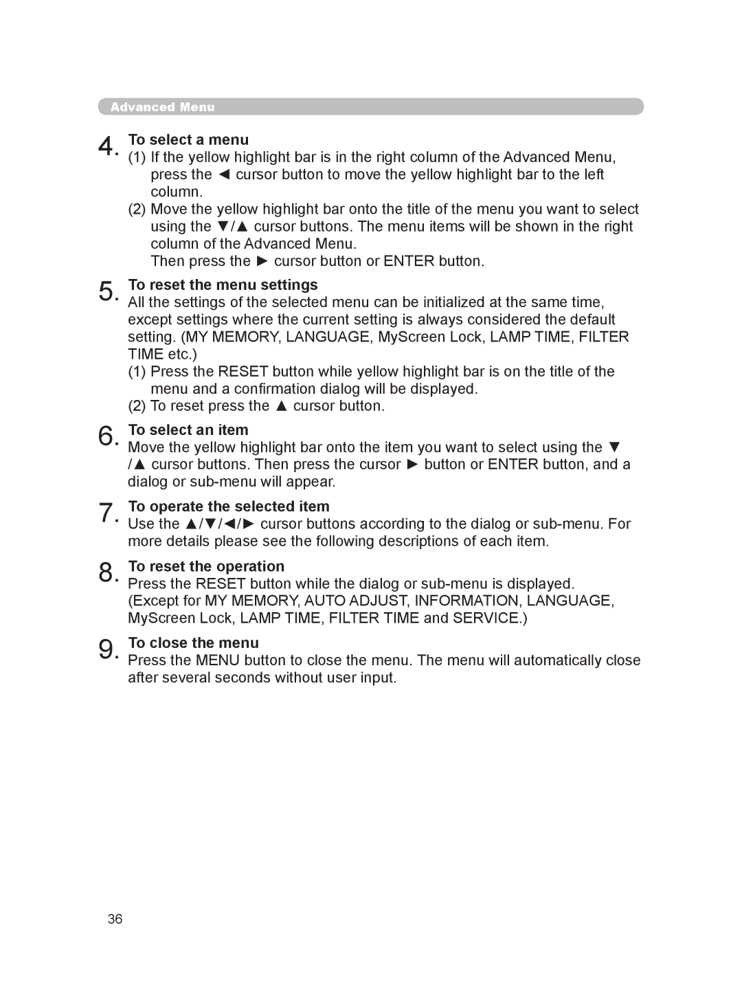 Hitachi HDPJ52 user manual To select a menu, To reset the menu settings 