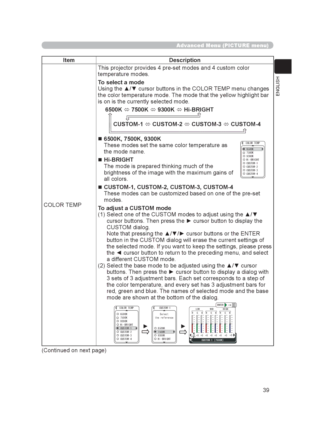 Hitachi HDPJ52 6500K  7500K  9300K  Hi-BRIGHT, CUSTOM-1  CUSTOM-2  CUSTOM-3  CUSTOM-4,  6500K, 7500K, 9300K 