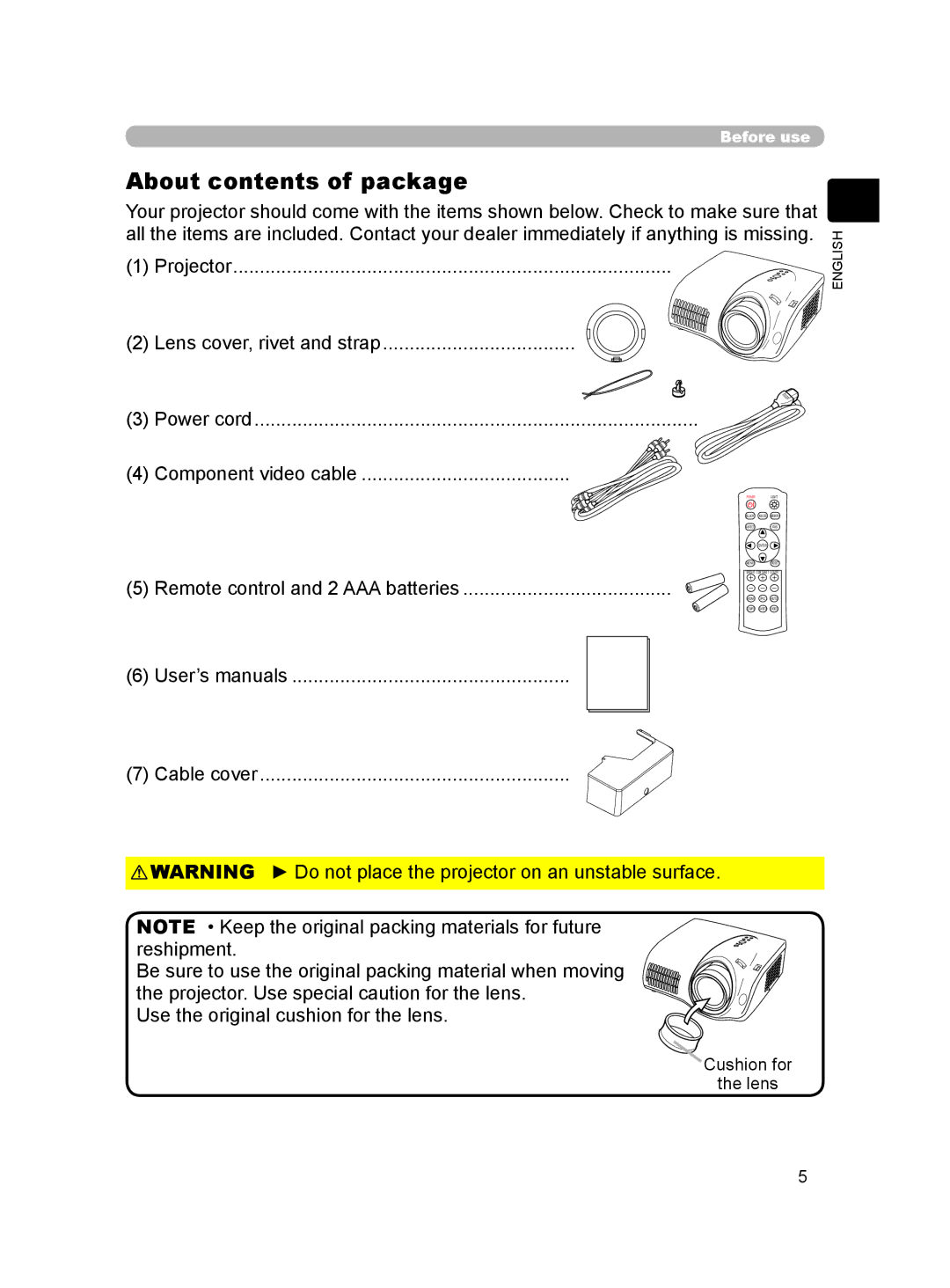 Hitachi HDPJ52 user manual About contents of package 