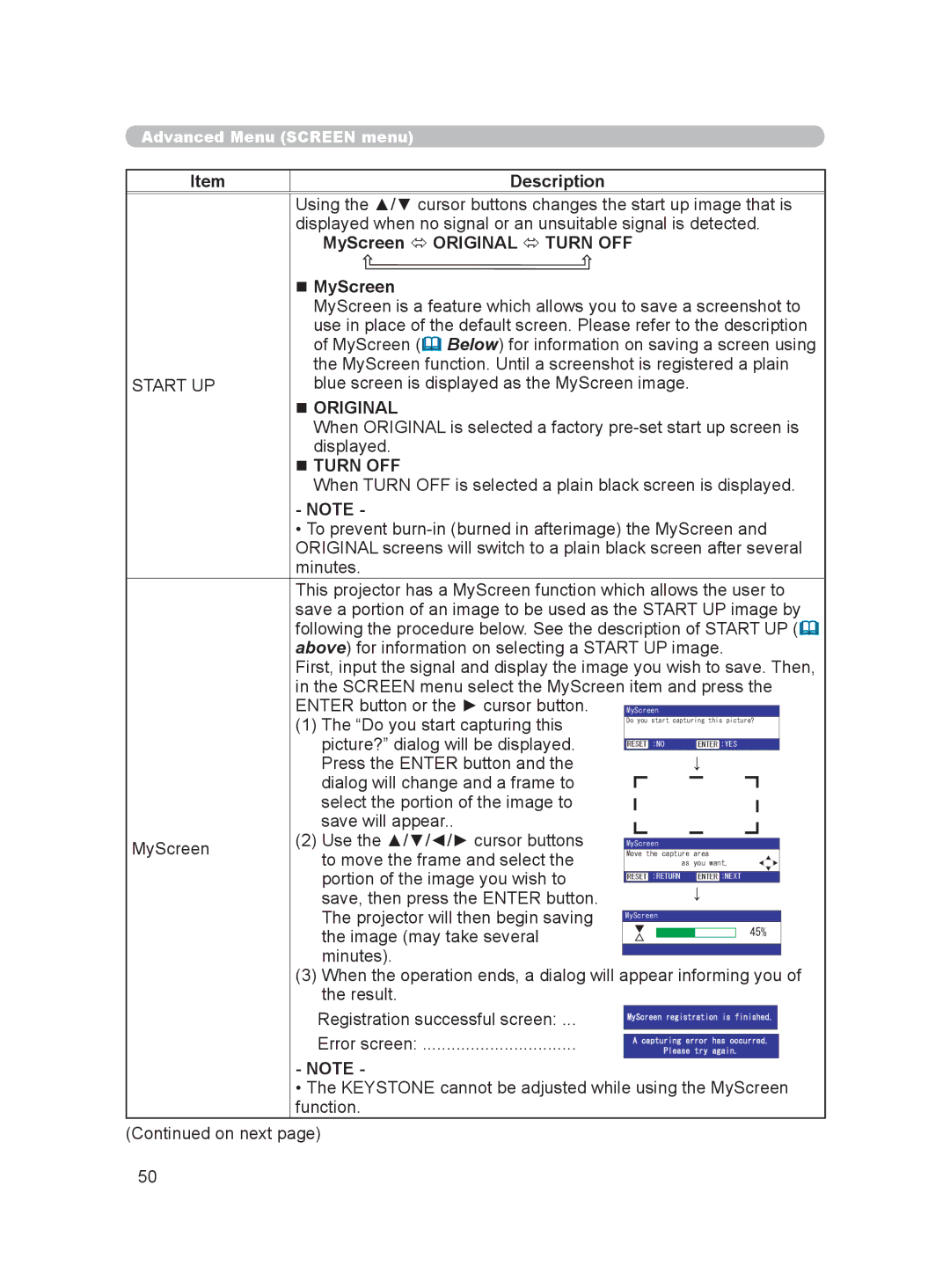 Hitachi HDPJ52 user manual MyScreen  Original  Turn OFF,  MyScreen, Start UP,  Original 