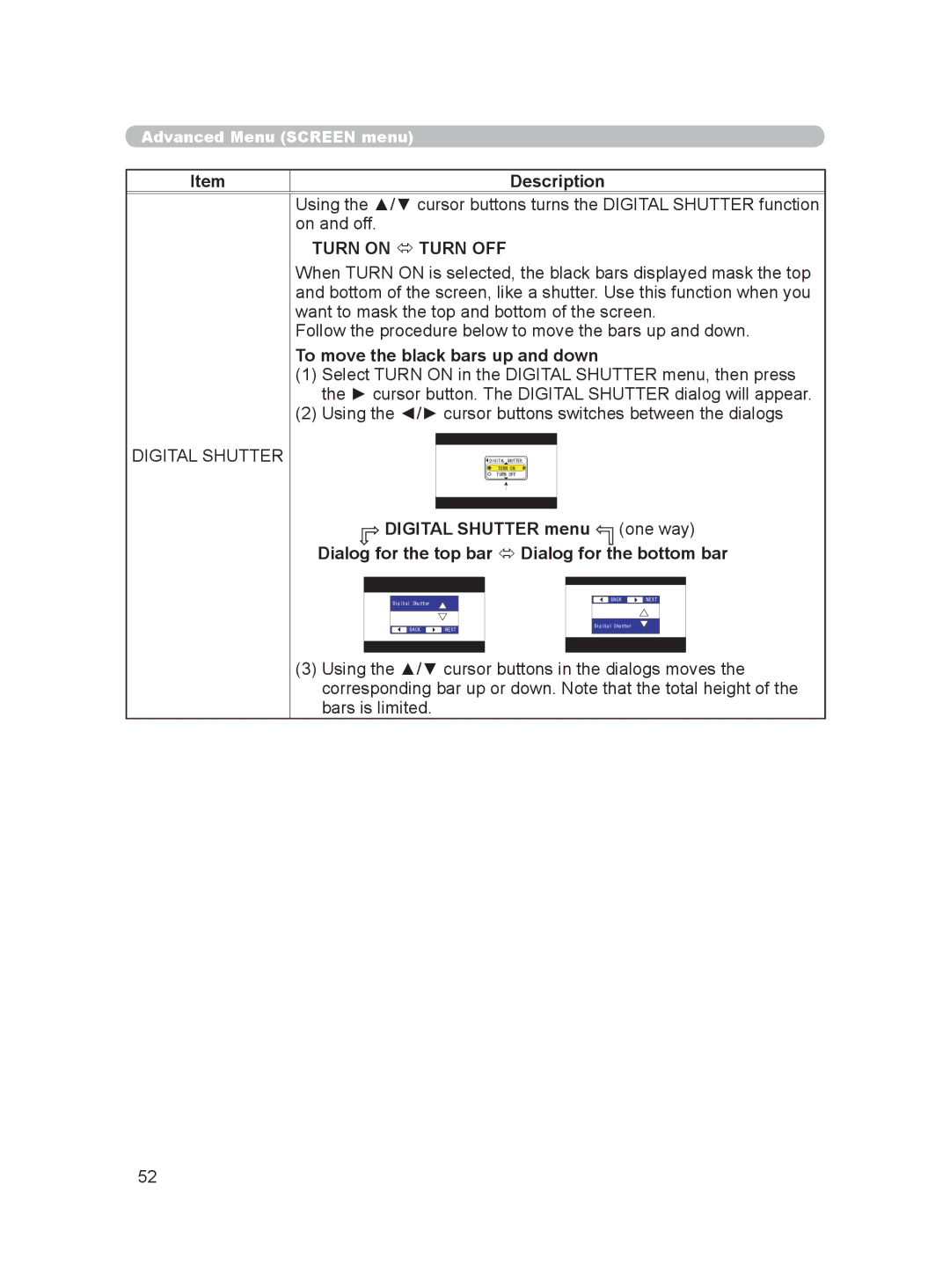 Hitachi HDPJ52 user manual To move the black bars up and down, Using the / cursor buttons switches between the dialogs 