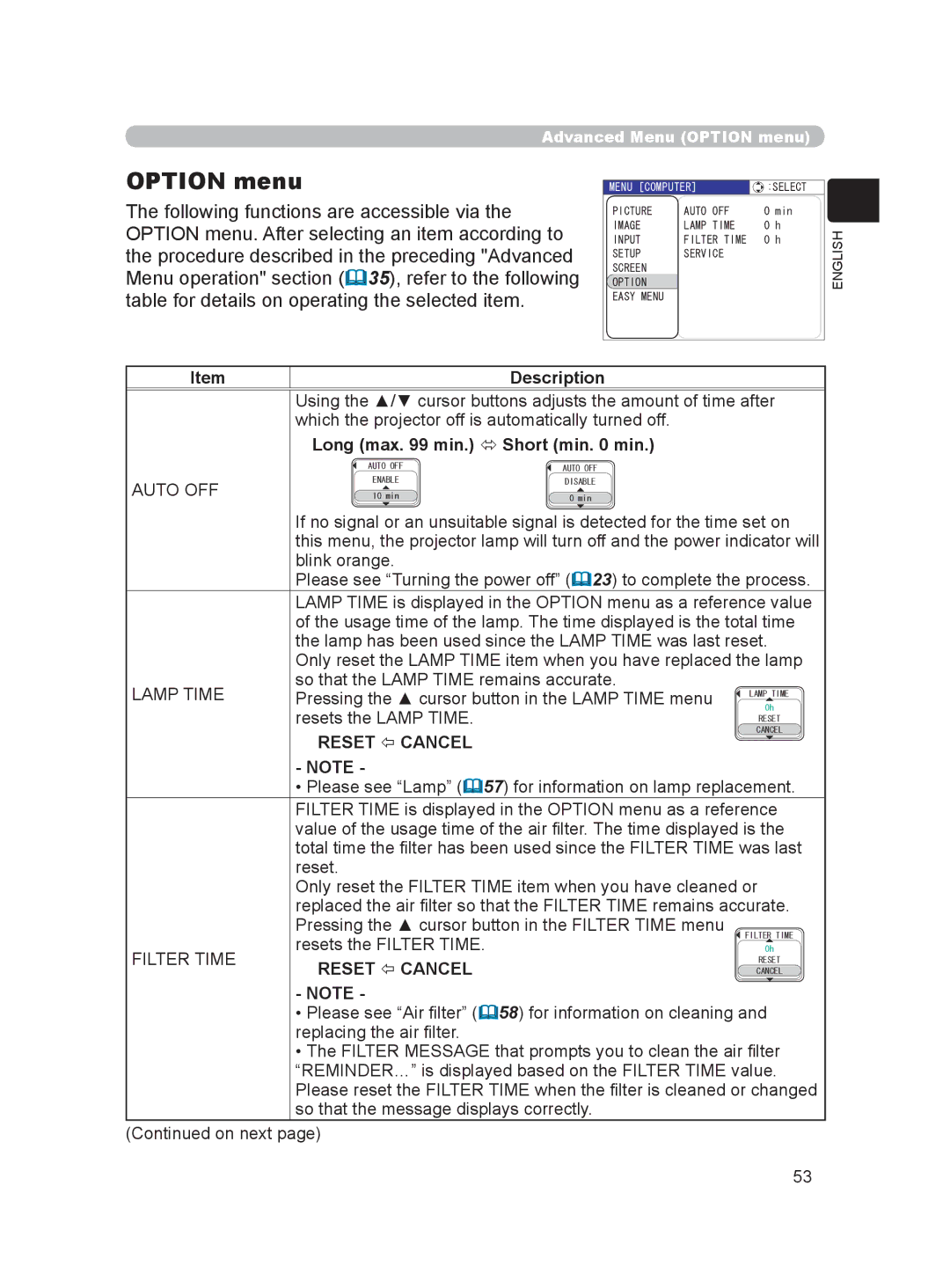 Hitachi HDPJ52 user manual Option menu, Long max min.  Short min min, Reset  Cancel 