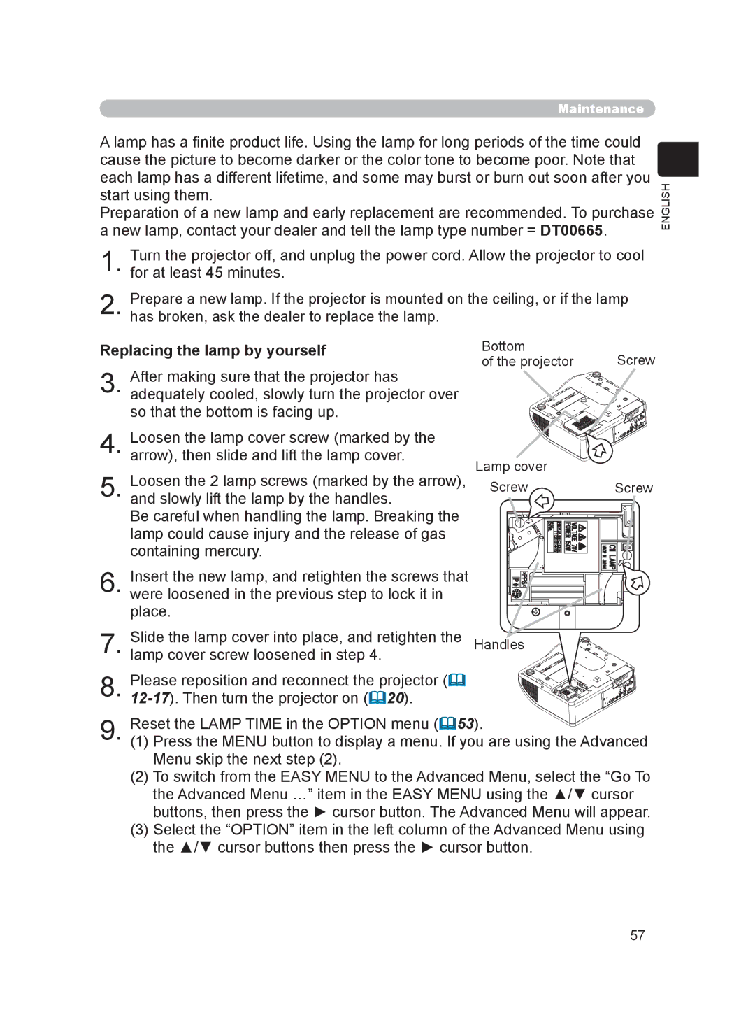 Hitachi HDPJ52 user manual Replacing the lamp by yourself, Bottom Projector Lamp cover Screw 