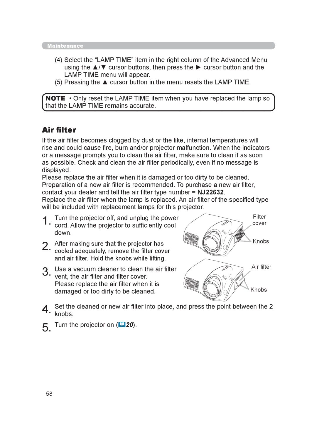 Hitachi HDPJ52 user manual Filter, Air ﬁlter Knobs 