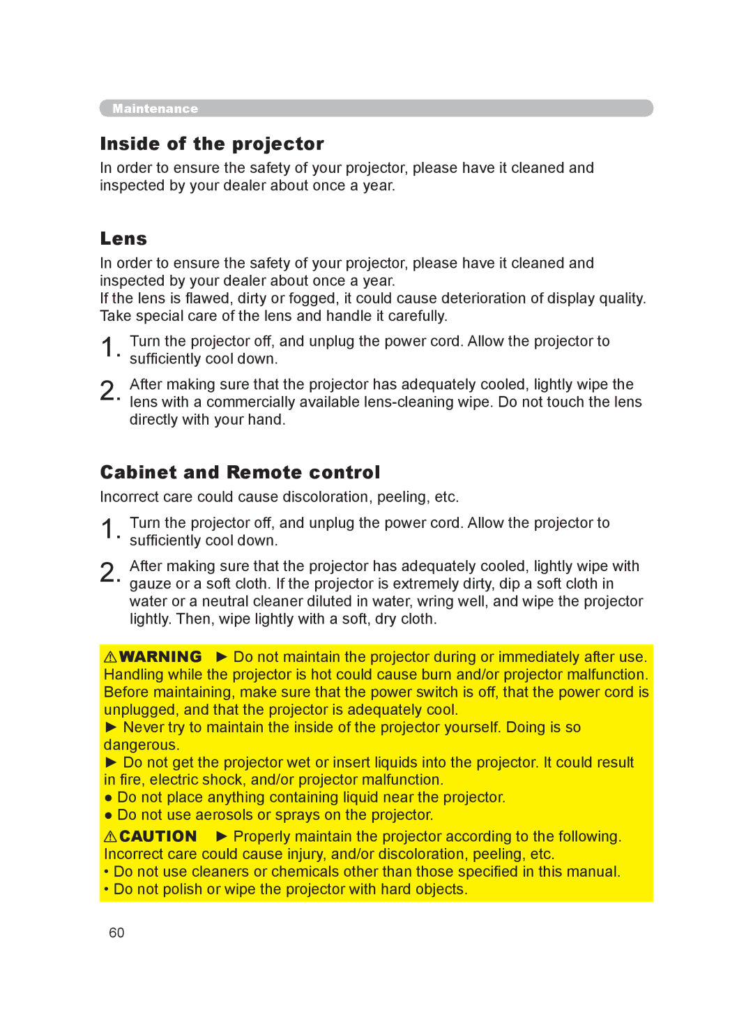 Hitachi HDPJ52 user manual Inside of the projector, Lens, Cabinet and Remote control 