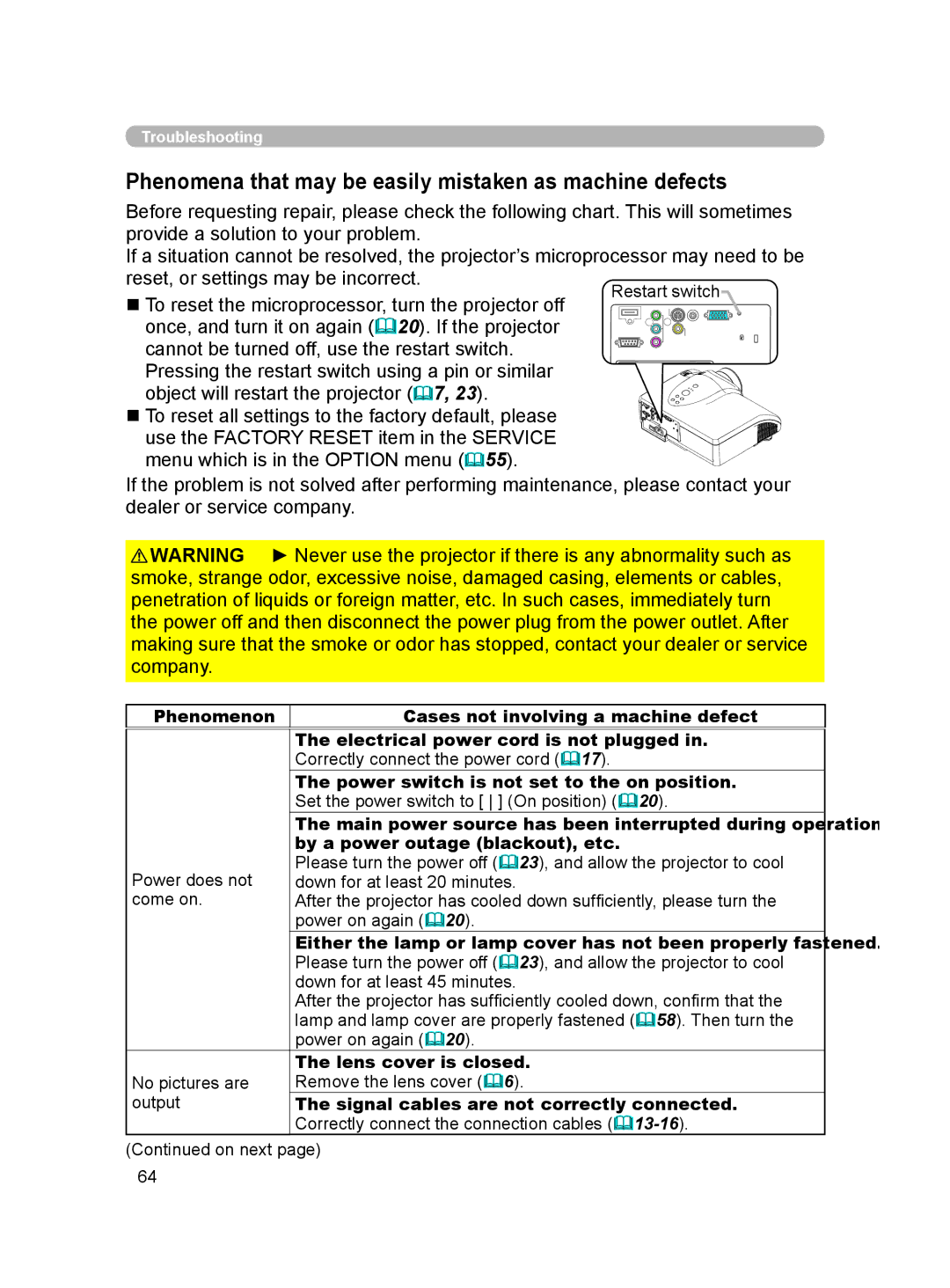 Hitachi HDPJ52 user manual Main power source has been interrupted during operation, By a power outage blackout, etc 