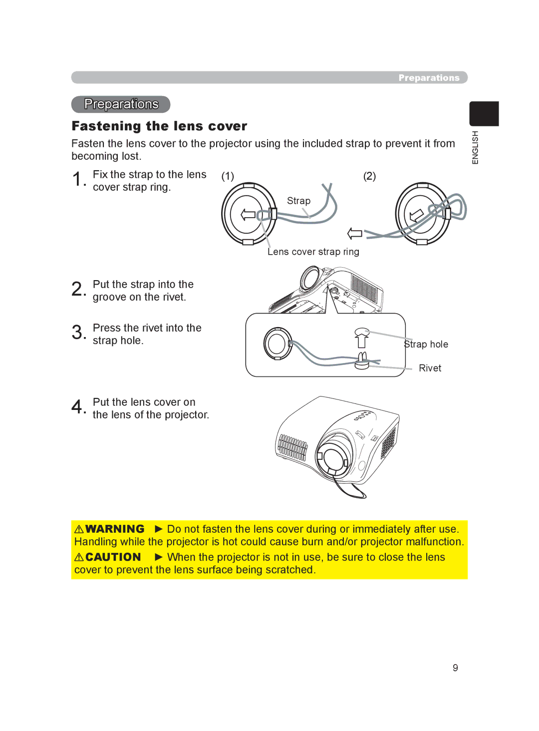 Hitachi HDPJ52 user manual Fastening the lens cover, Strap hole Rivet 