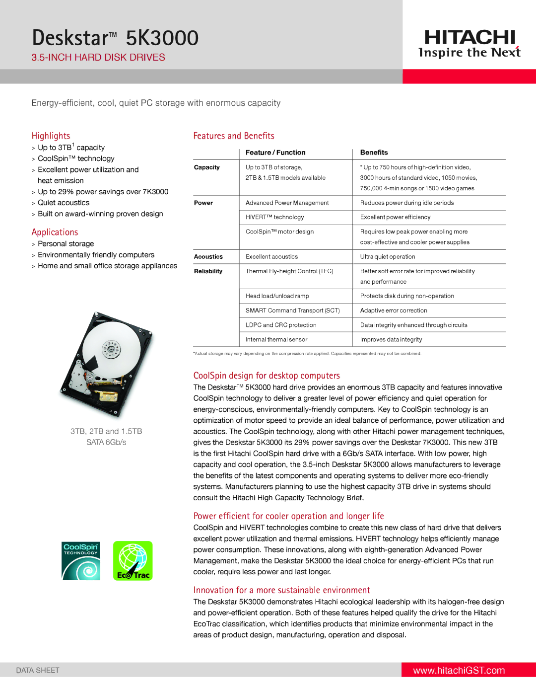 Hitachi HDS5C3020ALA632 manual Highlights, Applications, Features and Benefits, CoolSpin design for desktop computers 