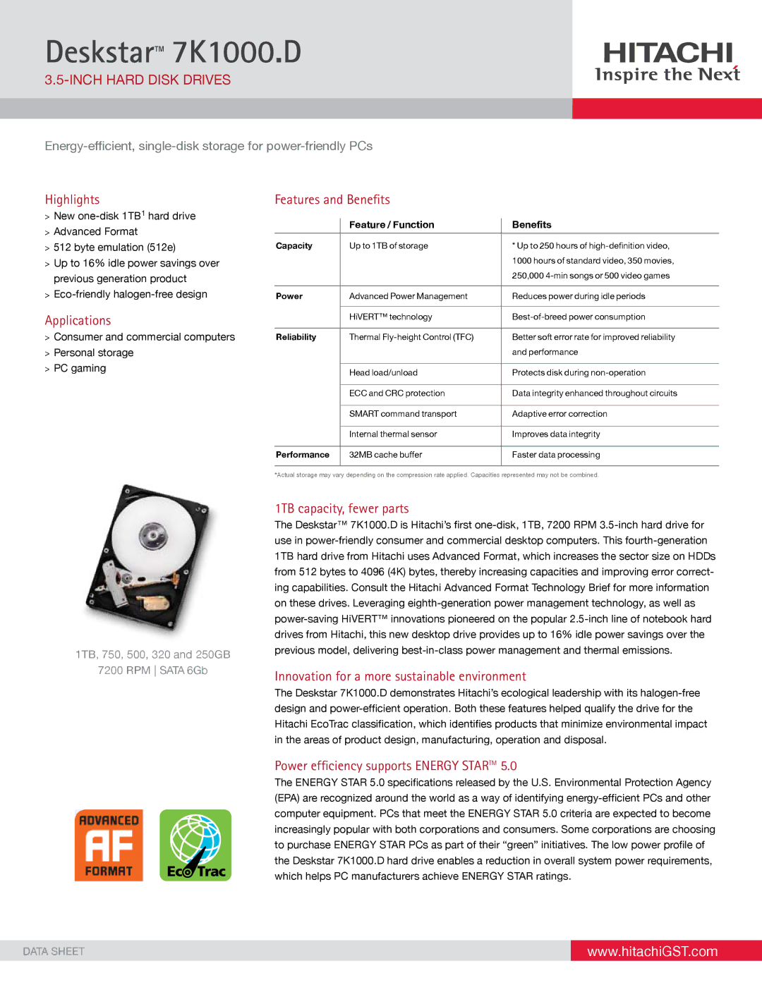 Hitachi HDS721075DLE630, HDS721050DLE630 manual Inch hard Disk driveS, Highlights, Applications, Features and Benefits 