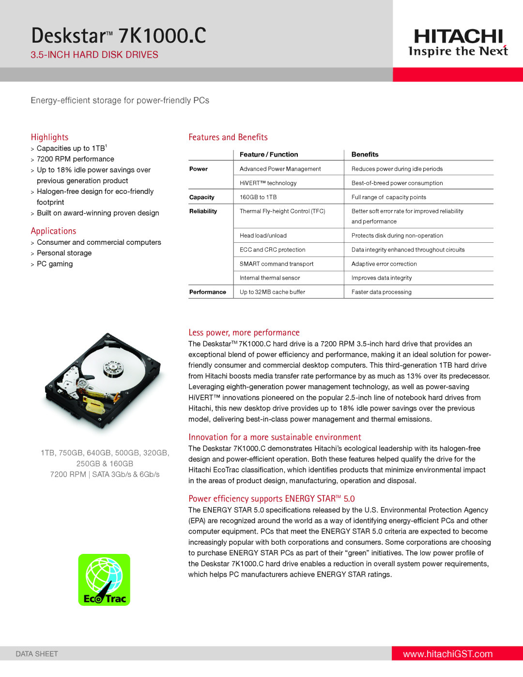 Hitachi HDS721050CLA662 specifications Inch hard Disk driveS, Highlights, Applications, Features and Benefits 