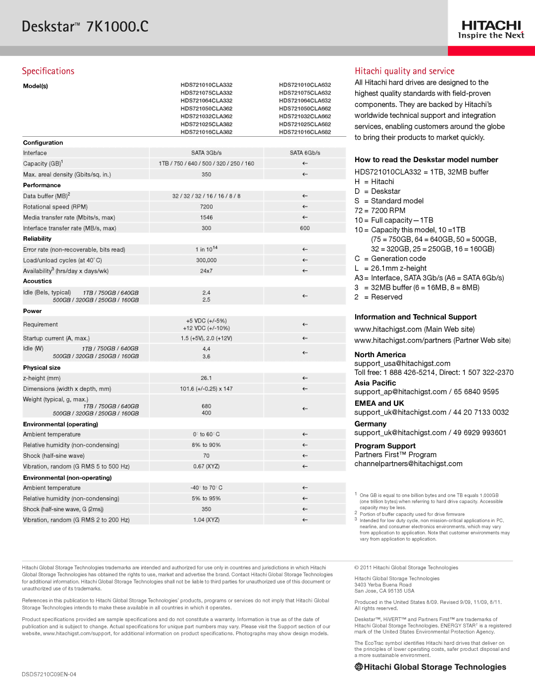 Hitachi HDS721075CLA332 specifications Specifications, Hitachi quality and service, How to read the Deskstar model number 