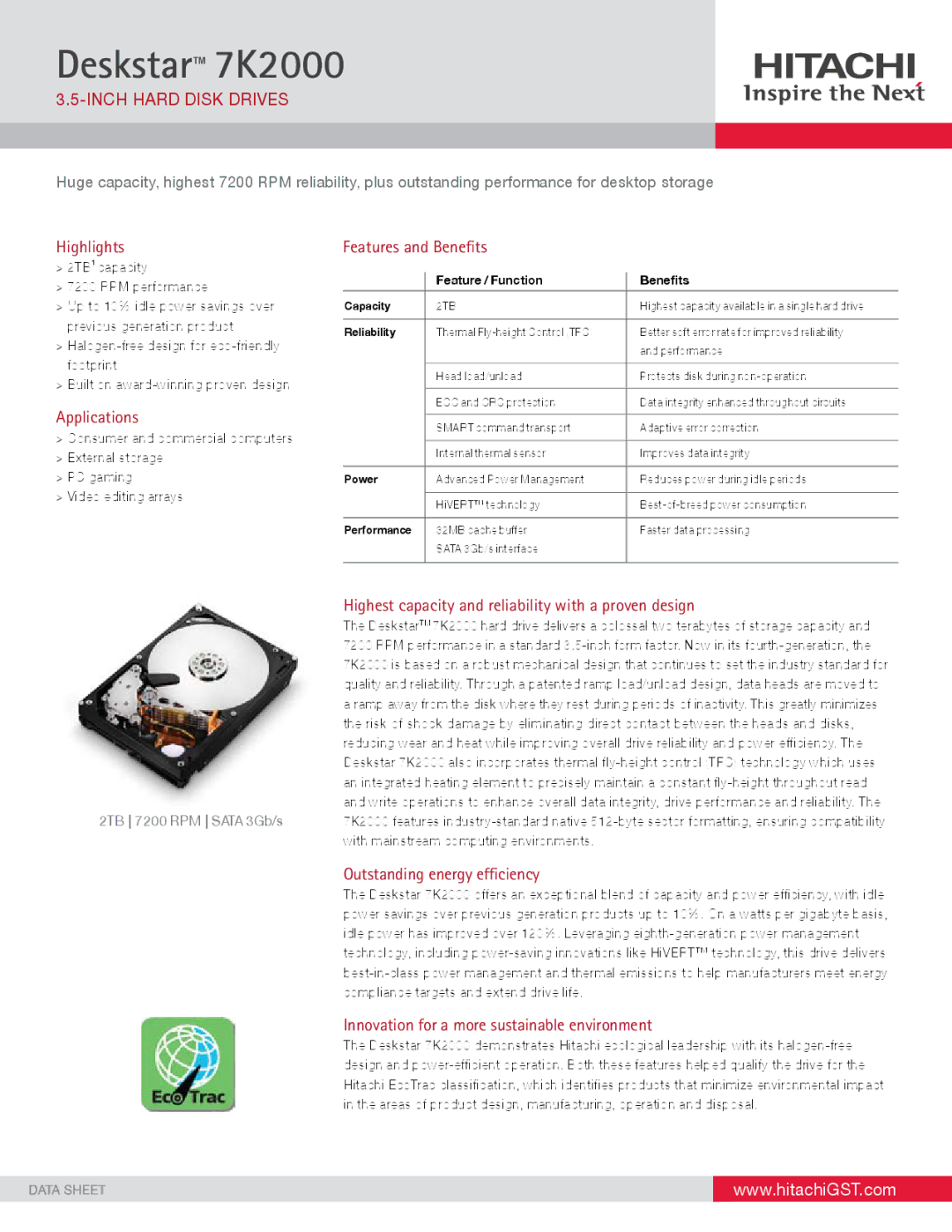 Hitachi HTS542525K9SA00, HDS722020ALA330 manual Inch hard Disk driveS, Highlights, Applications, Features and Benefits 