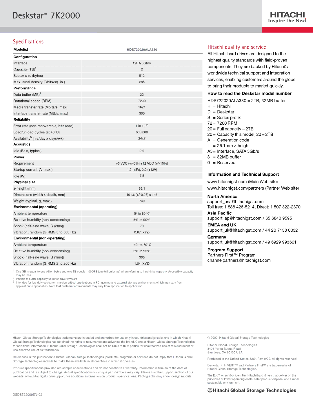 Hitachi 7K2000, HDS722020ALA330 manual Specifications, Hitachi quality and service, How to read the Deskstar model number 