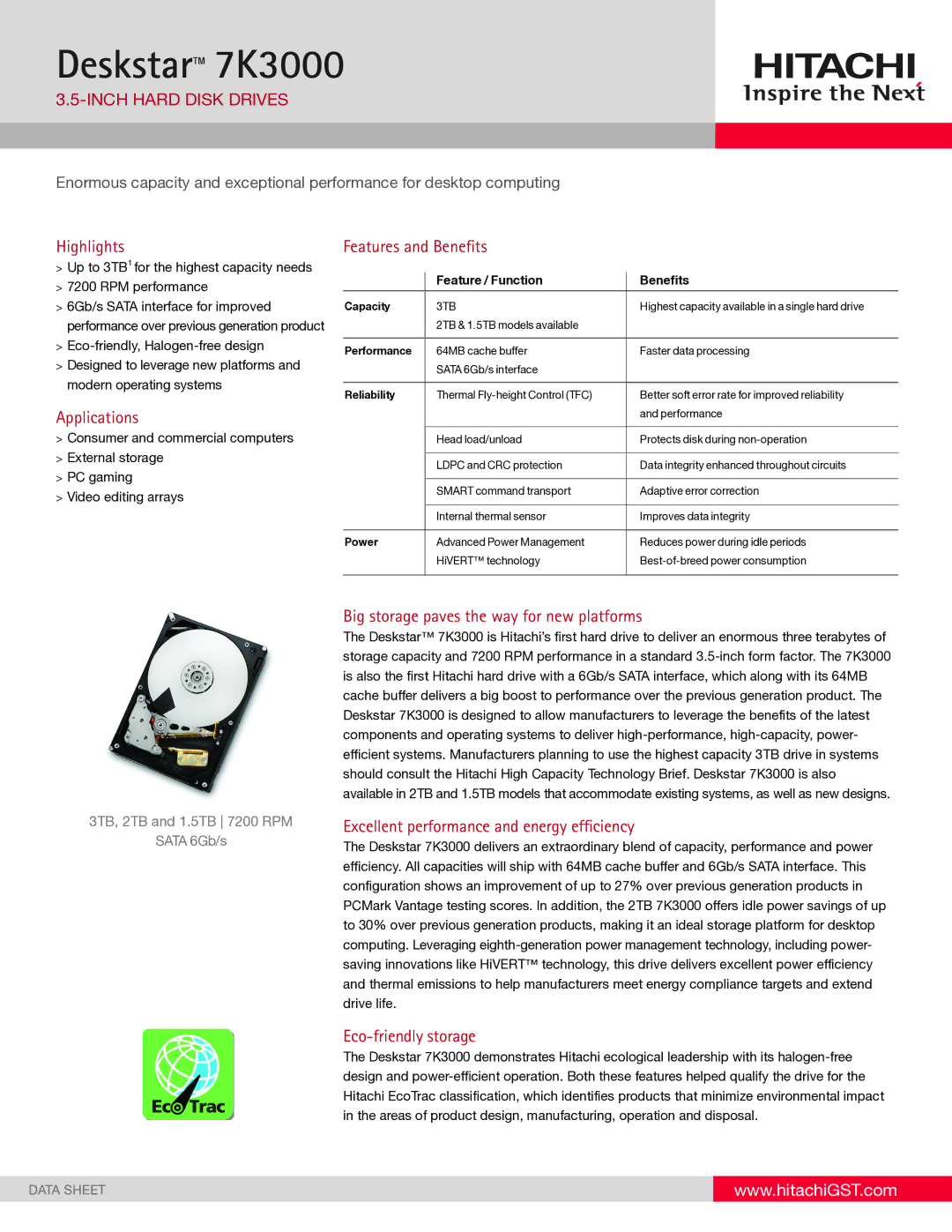 Hitachi HDS723015BLA642, HDS723020BLA642 manual Inch hard Disk driveS, Highlights, Applications, Features and Benefits 