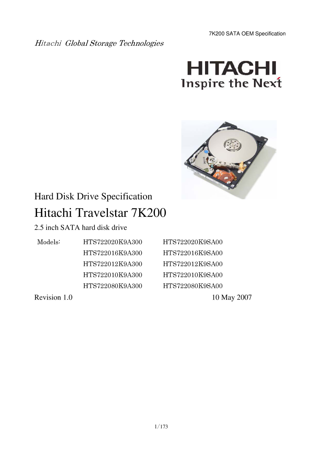 Hitachi HDS723020BLA642 manual Hitachi Travelstar 7K200 