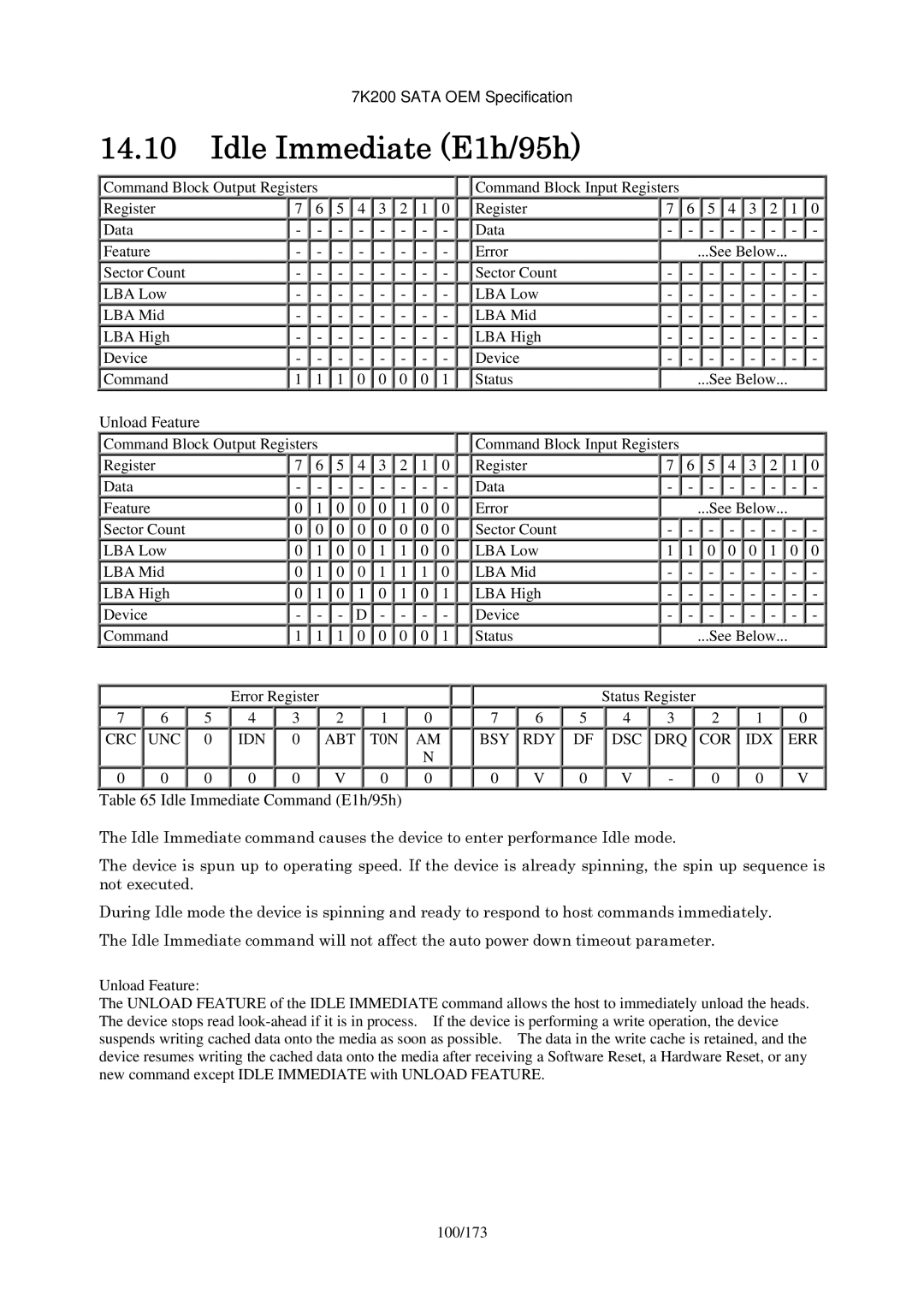 Hitachi HDS723020BLA642 manual Idle Immediate E1h/95h, Unload Feature, Idle Immediate Command E1h/95h 
