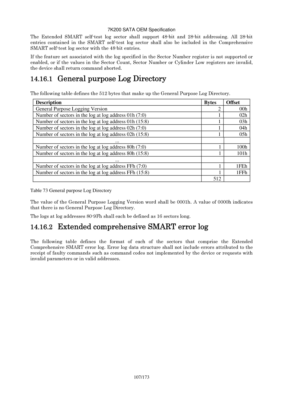 Hitachi HDS723020BLA642 manual General purpose Log Directory, Extended comprehensive Smart error log 