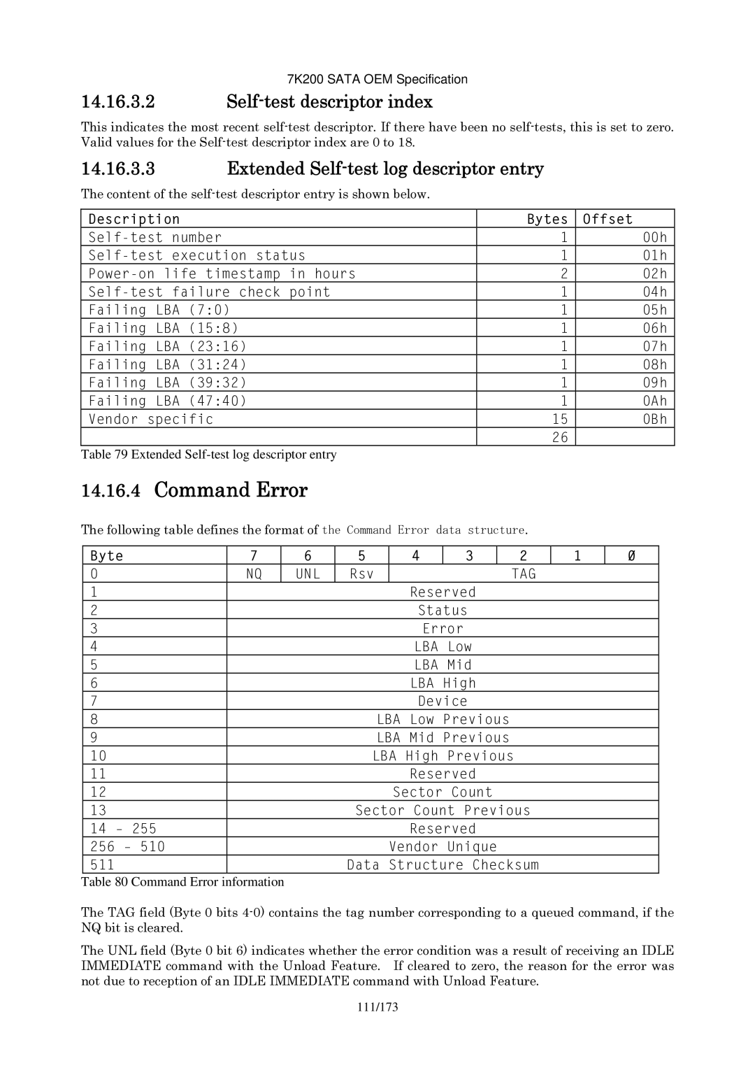 Hitachi HDS723020BLA642 manual Command Error, Self-test descriptor index, Extended Self-test log descriptor entry 