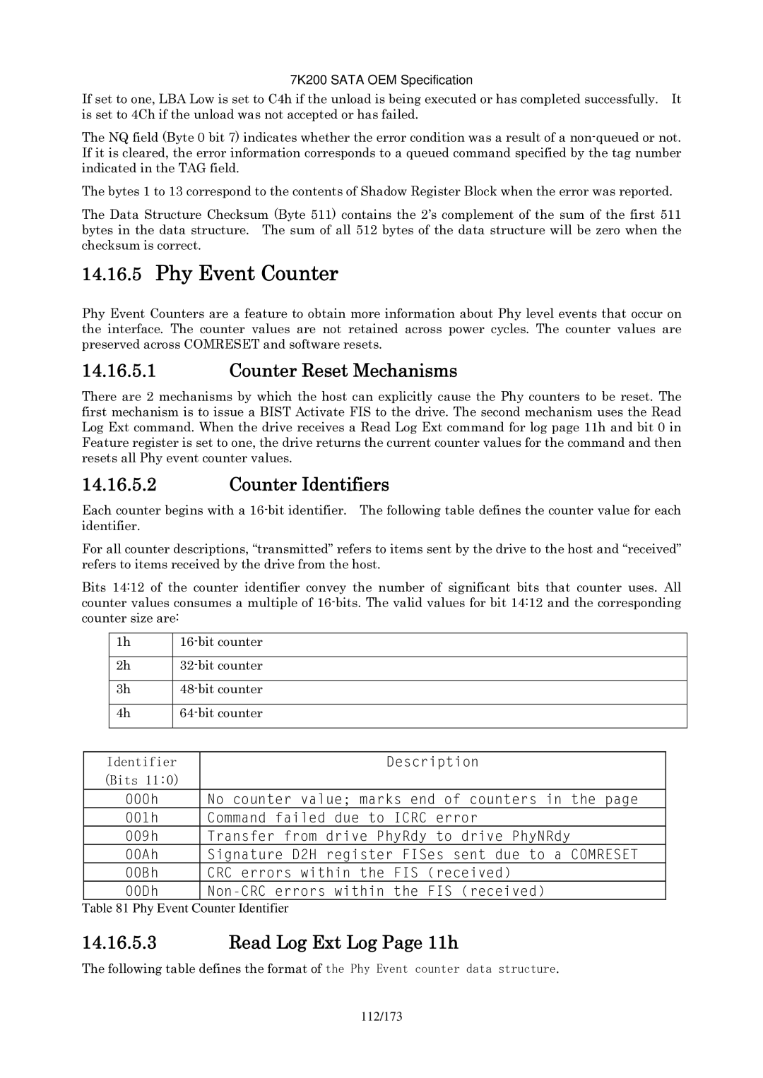 Hitachi HDS723020BLA642 manual Phy Event Counter, Counter Reset Mechanisms, Counter Identifiers, Read Log Ext Log Page 11h 