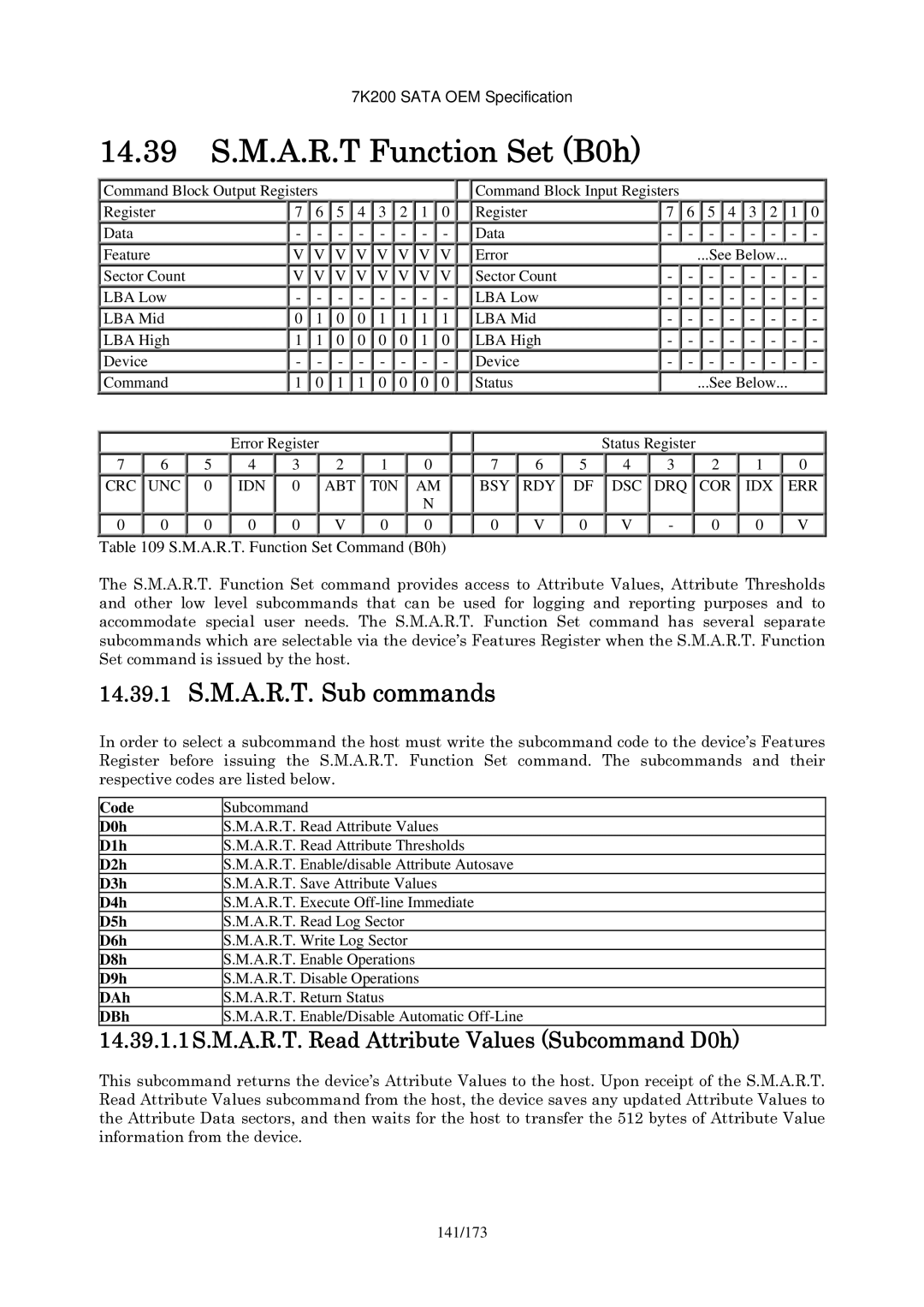 Hitachi HDS723020BLA642 manual 14.39 S.M.A.R.T Function Set B0h, 14.39.1 S.M.A.R.T. Sub commands 