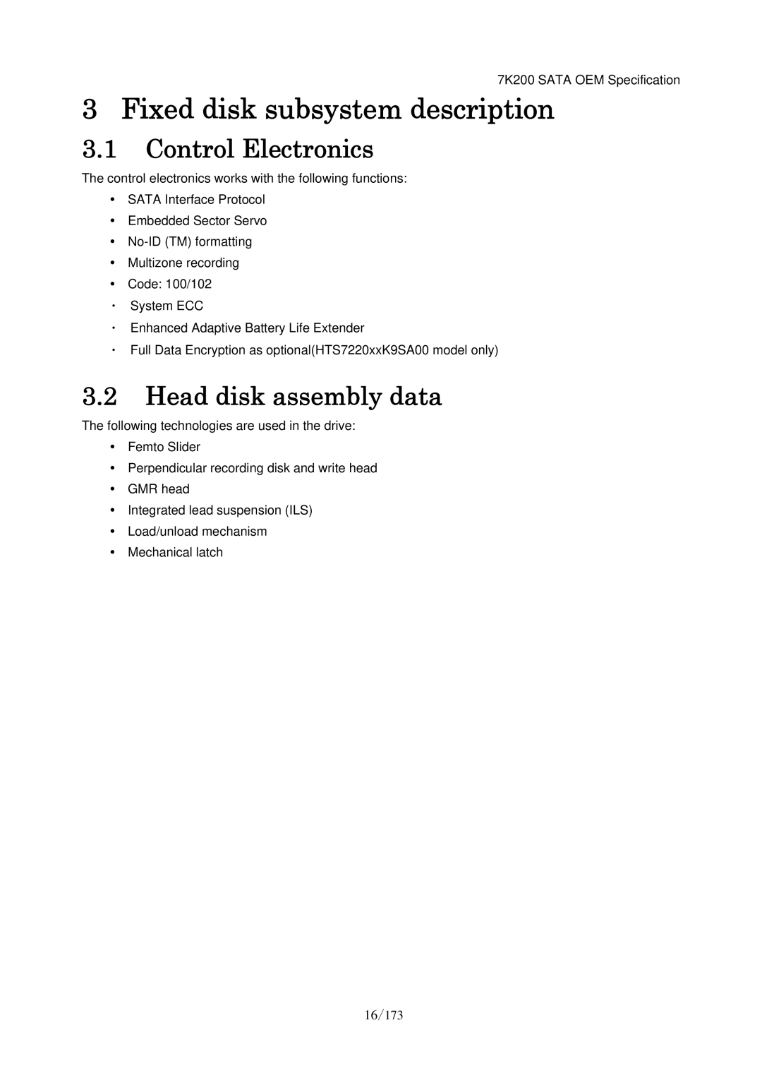 Hitachi HDS723020BLA642 manual Fixed disk subsystem description, Control Electronics, Head disk assembly data 