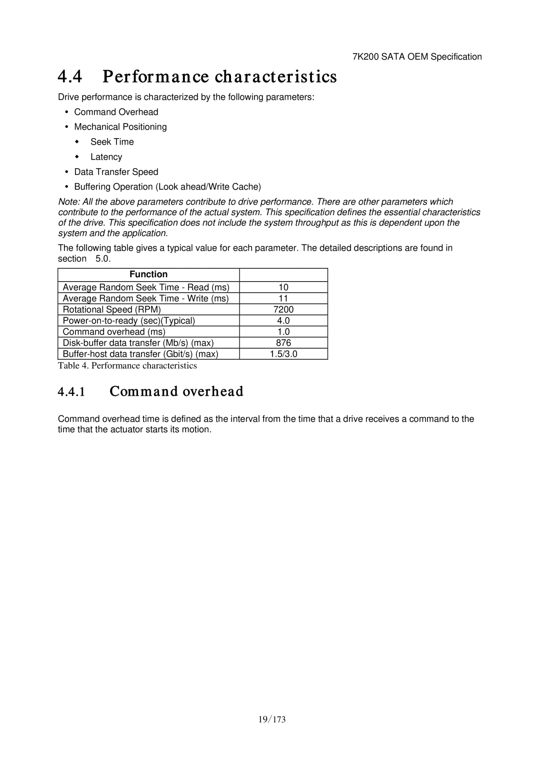 Hitachi HDS723020BLA642 manual Performance characteristics, Command overhead 