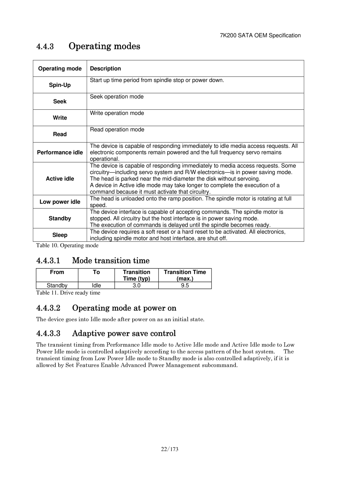 Hitachi HDS723020BLA642 Operating modes, Mode transition time, Operating mode at power on, Adaptive power save control 