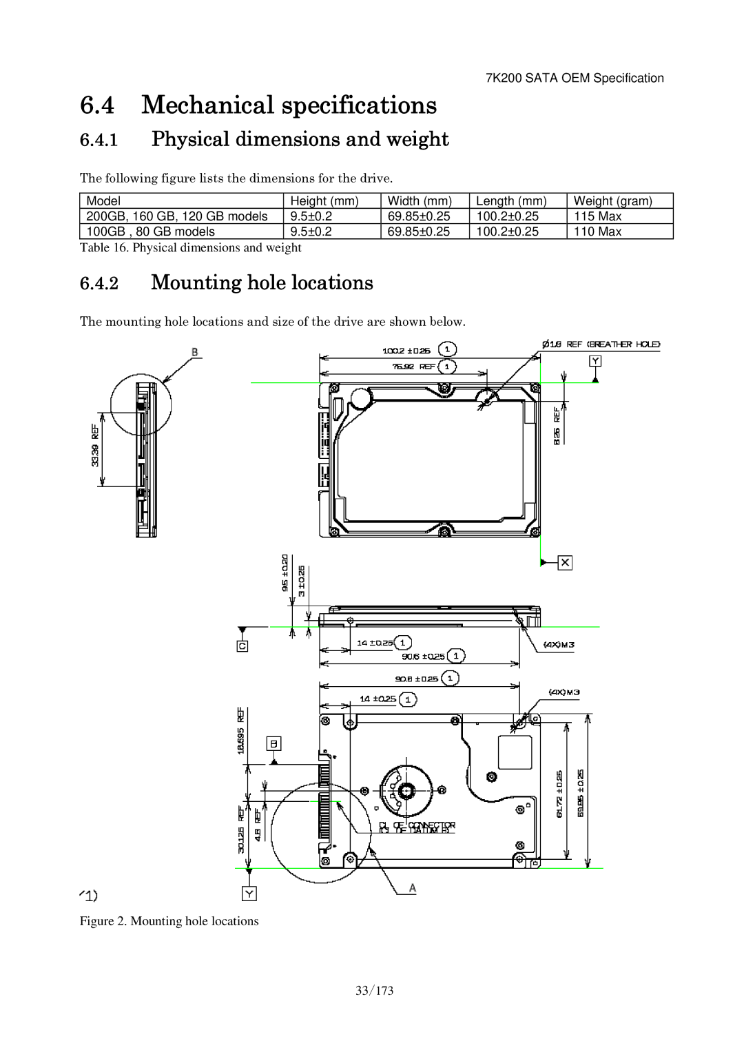 Hitachi HDS723020BLA642 manual Mechanical specifications, Physical dimensions and weight, Mounting hole locations 