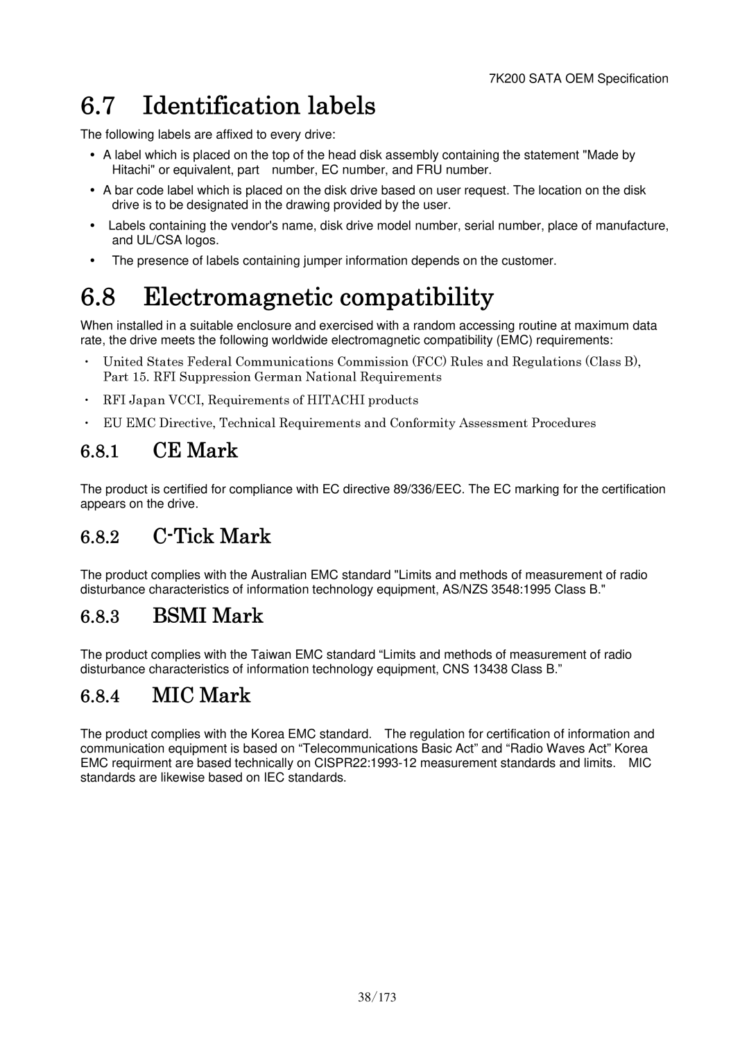 Hitachi HDS723020BLA642 manual Identification labels, Electromagnetic compatibility 