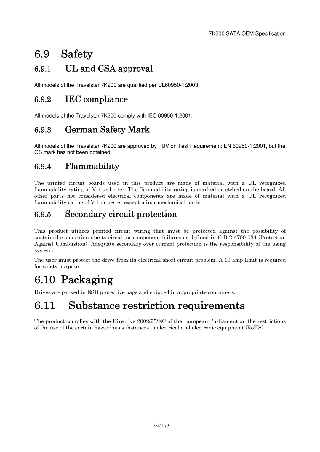 Hitachi HDS723020BLA642 manual Safety, Packaging, Substance restriction requirements 