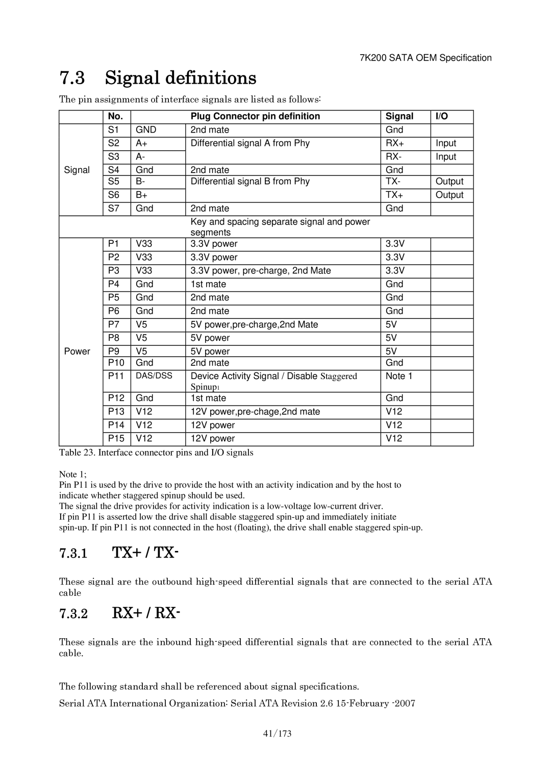 Hitachi HDS723020BLA642 manual Signal definitions, 1 TX+ / TX, 2 RX+ / RX, Interface connector pins and I/O signals 