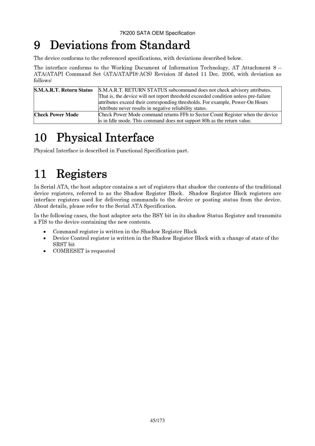 Hitachi HDS723020BLA642 Deviations from Standard, Physical Interface, Registers, A.R.T. Return Status, Check Power Mode 