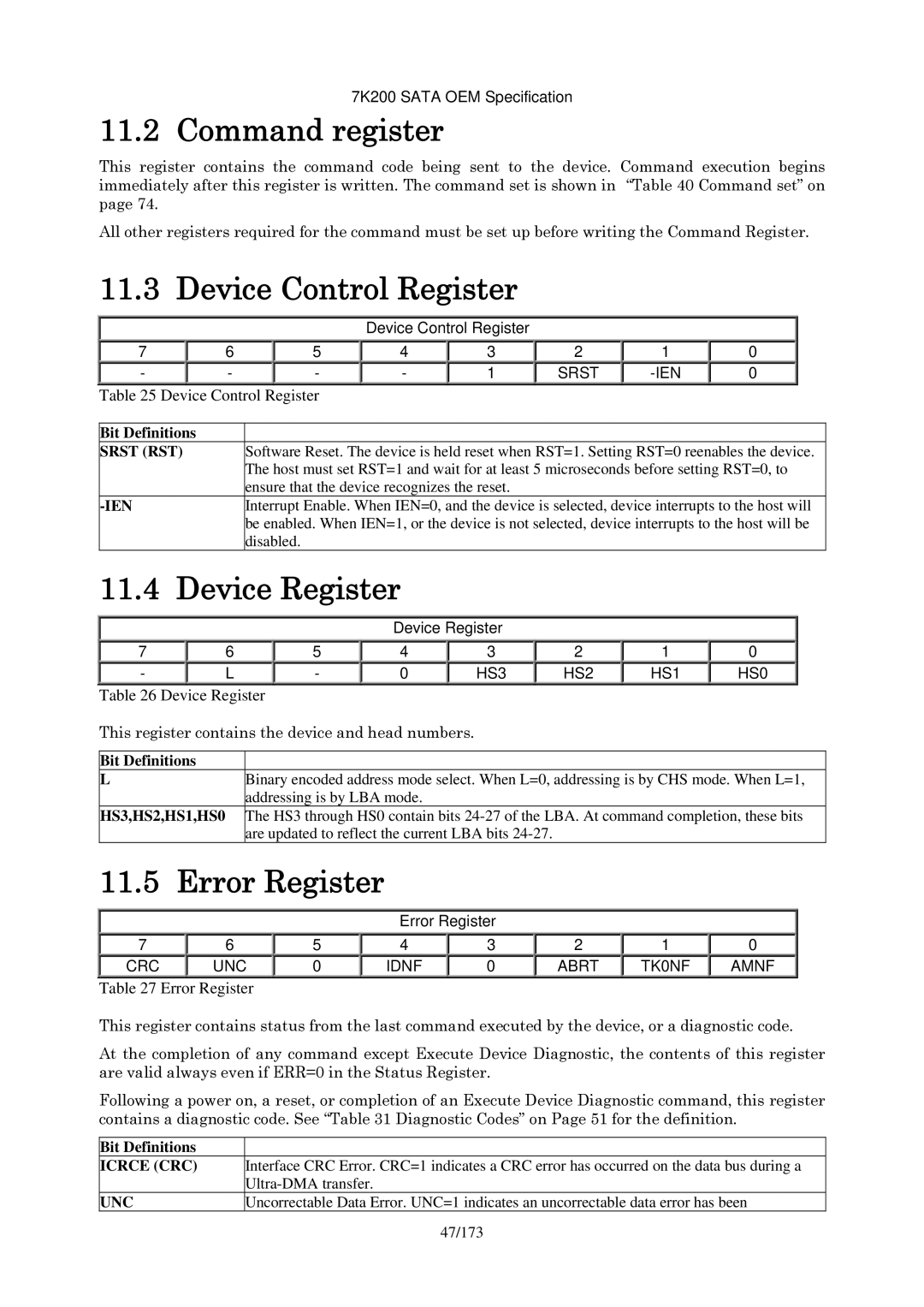 Hitachi HDS723020BLA642 manual Command register, Device Control Register, Device Register, Error Register 