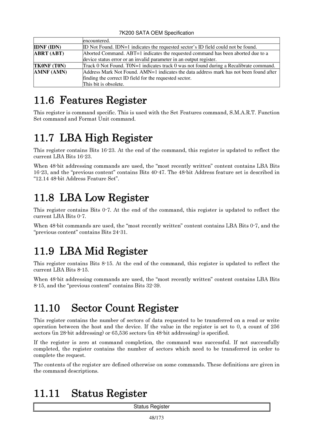 Hitachi HDS723020BLA642 Features Register, LBA High Register, LBA Low Register, LBA Mid Register, Sector Count Register 