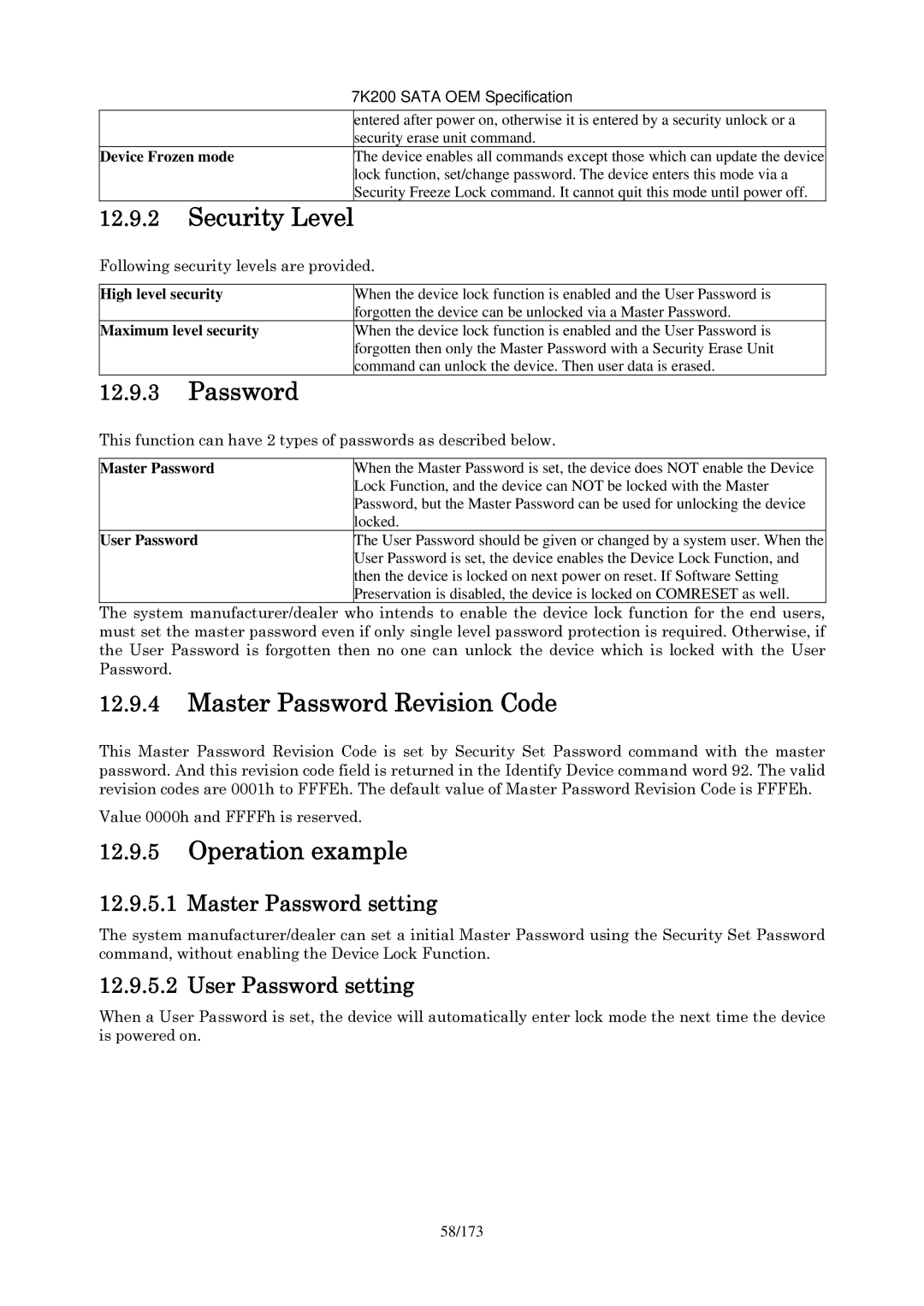 Hitachi HDS723020BLA642 manual Security Level, Master Password Revision Code, Operation example 