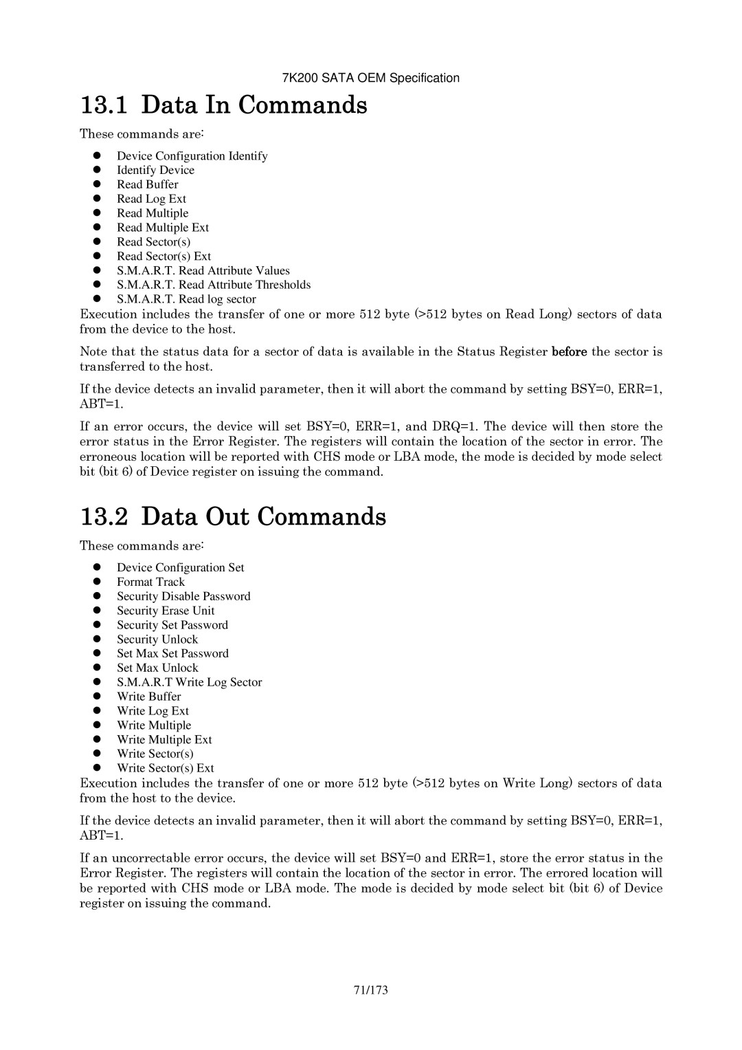 Hitachi HDS723020BLA642 manual Data In Commands, Data Out Commands 