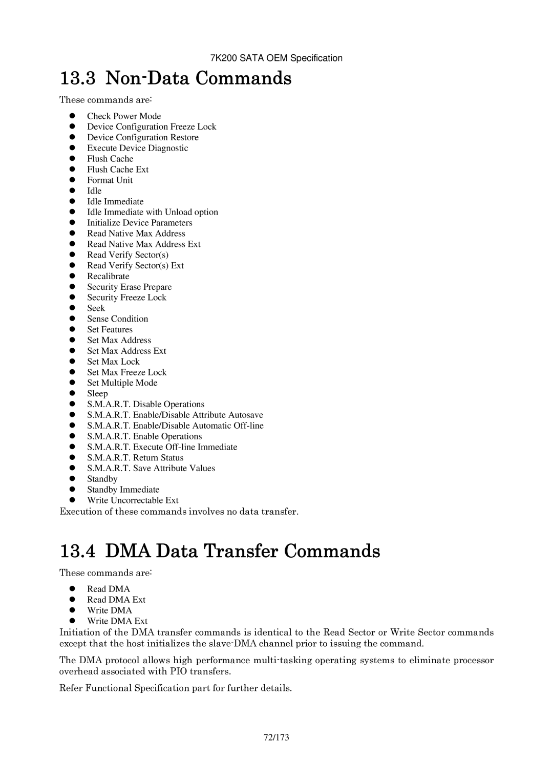 Hitachi HDS723020BLA642 manual Non-Data Commands, DMA Data Transfer Commands 