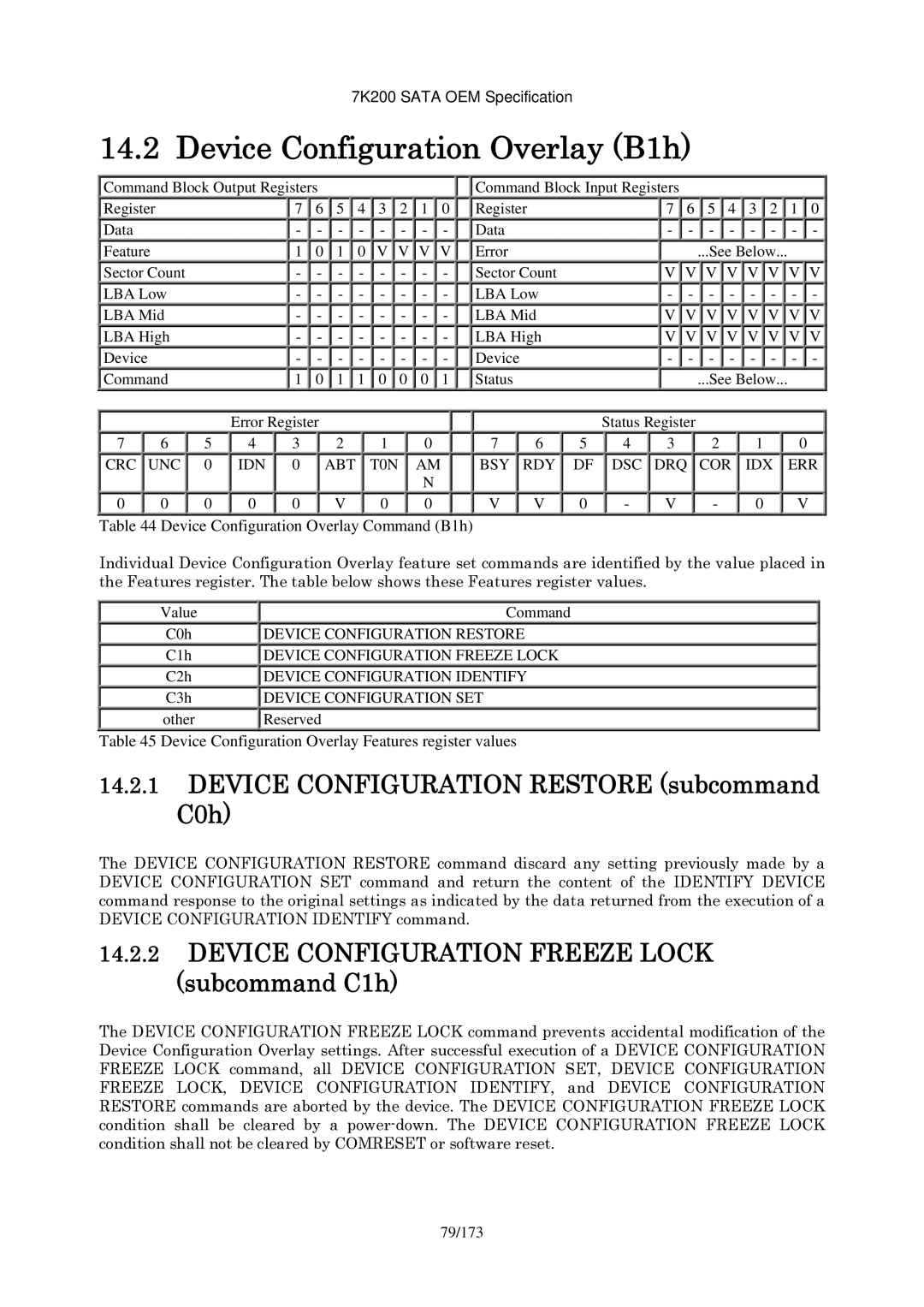 Hitachi HDS723020BLA642 manual Device Configuration Overlay B1h, Device Configuration Restore subcommand C0h 