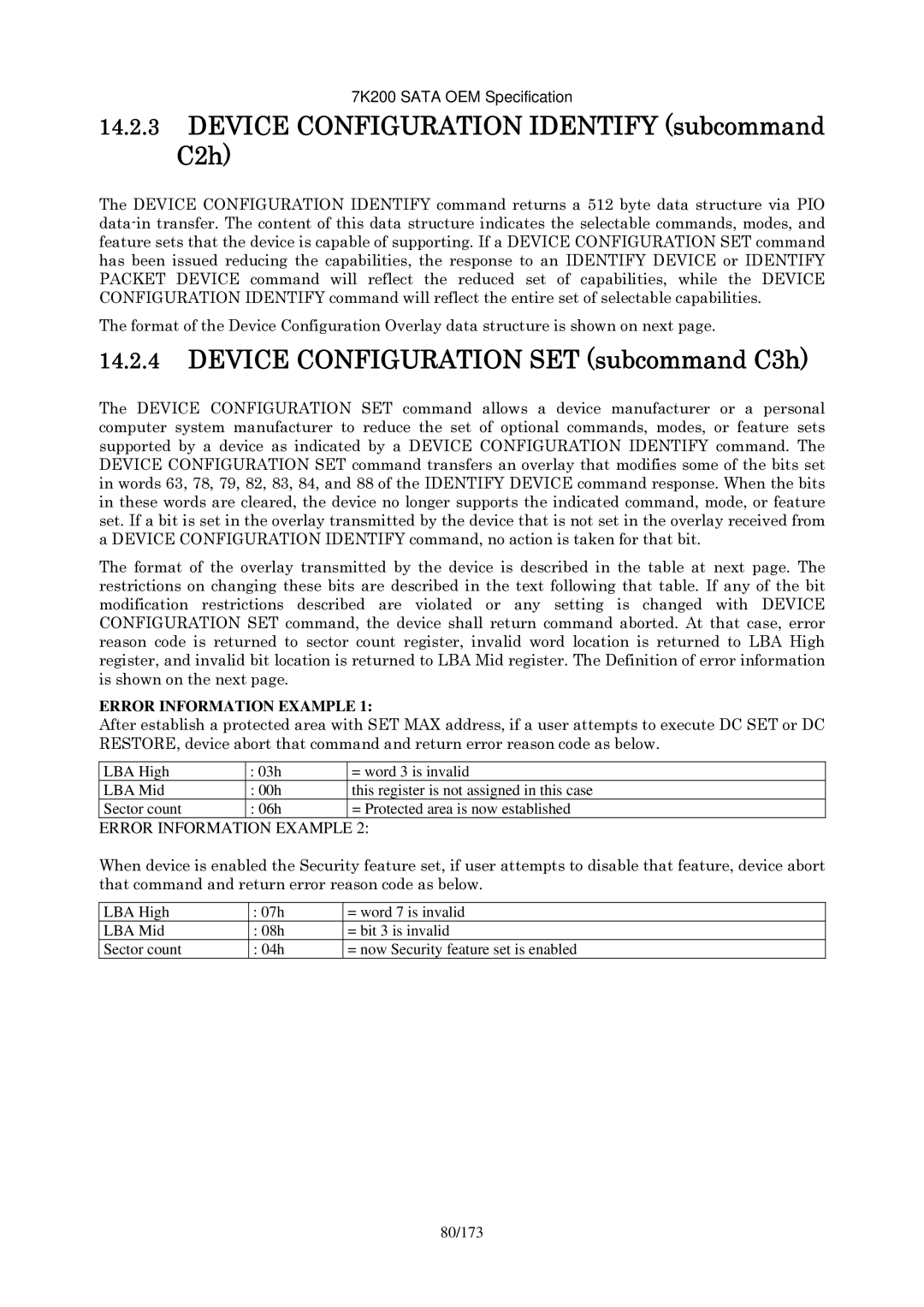 Hitachi HDS723020BLA642 manual Device Configuration Identify subcommand C2h, Device Configuration SET subcommand C3h 