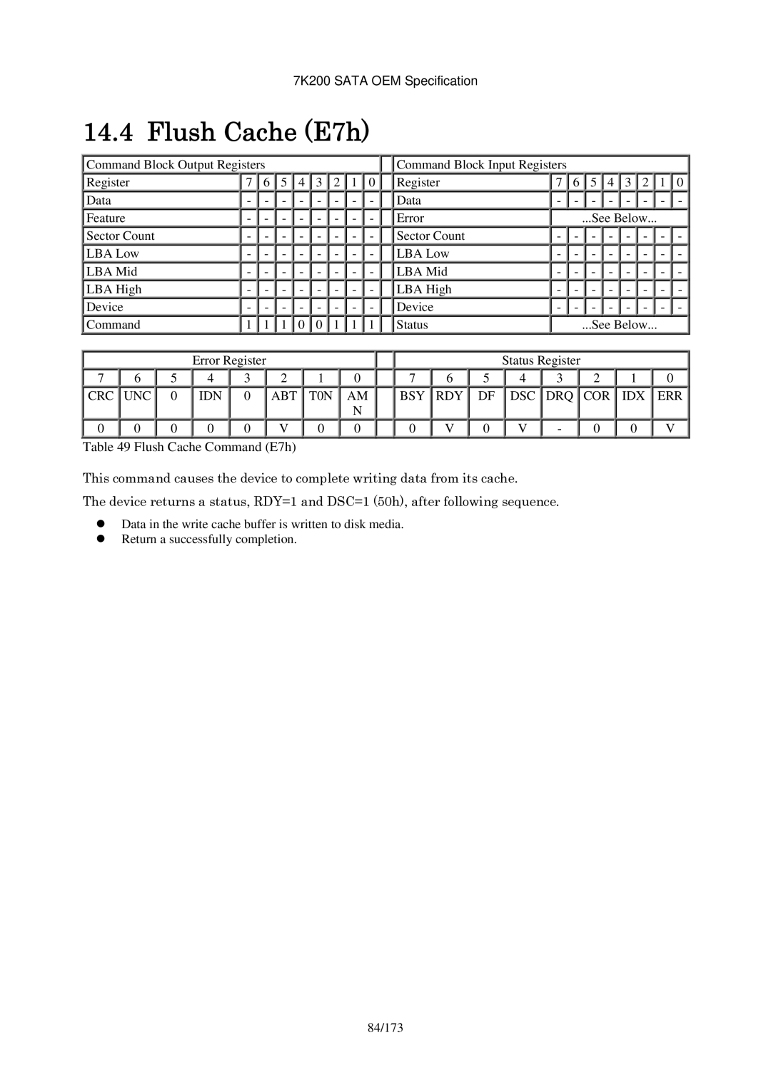 Hitachi HDS723020BLA642 manual Flush Cache E7h, Flush Cache Command E7h 