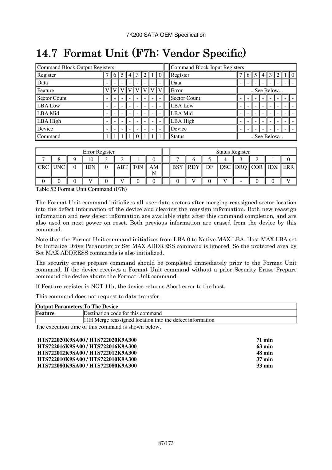 Hitachi HDS723020BLA642 manual Format Unit F7h Vendor Specific, Format Unit Command F7h 