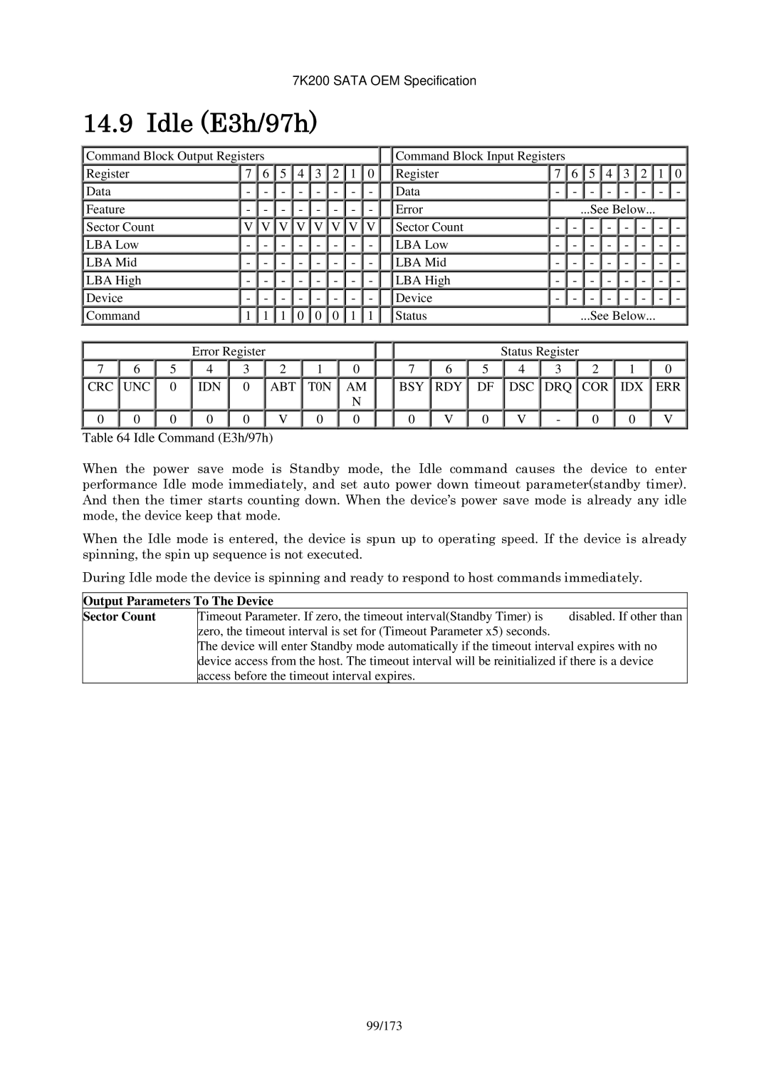 Hitachi HDS723020BLA642 manual Idle E3h/97h, Idle Command E3h/97h, Output Parameters To The Device Sector Count 