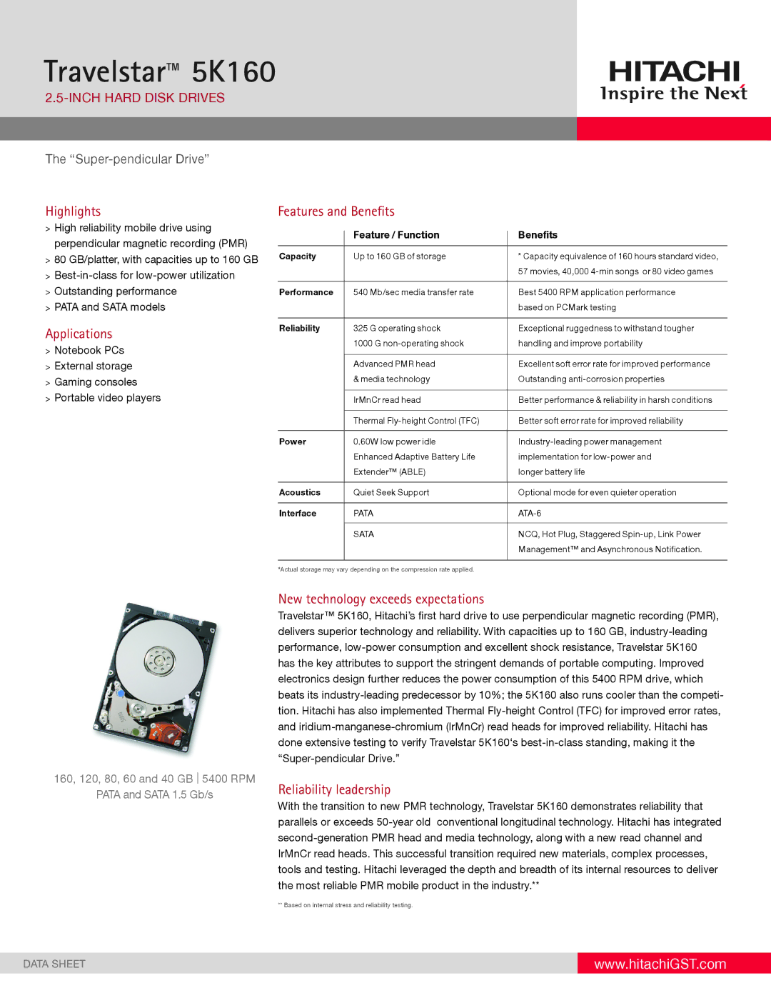 Hitachi 5K160 manual Highlights, Applications, New technology exceeds expectations, Reliability leadership 