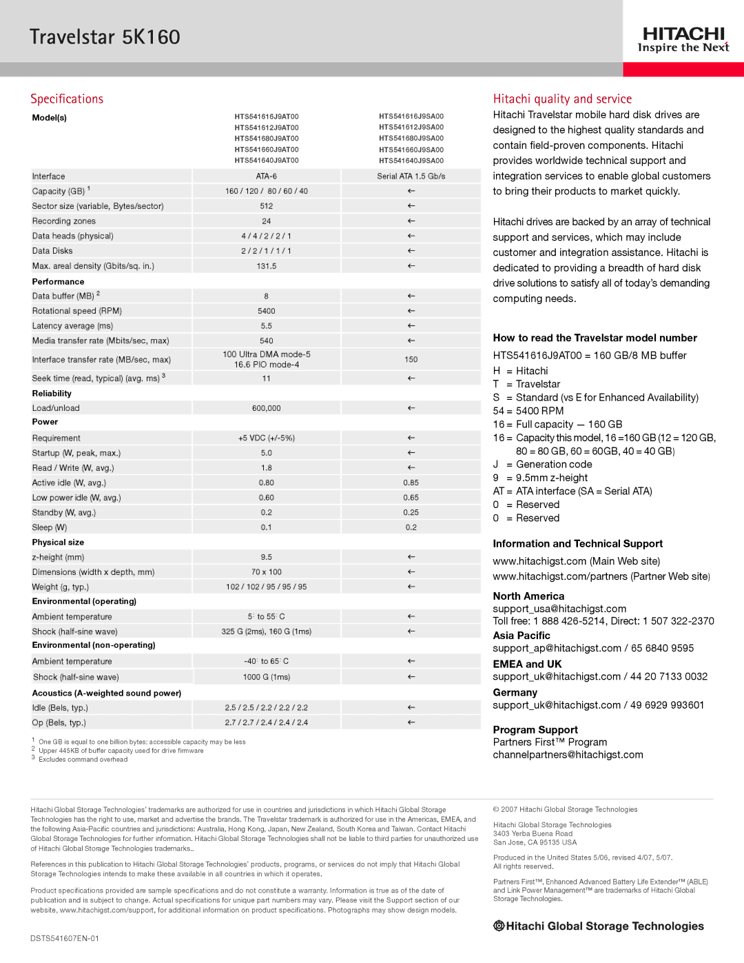 Hitachi HDT725032VLA380, 5K160 manual Specifications, Hitachi quality and service, How to read the Travelstar model number 