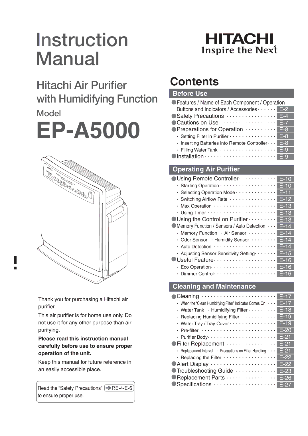 Hitachi hitachi air purifier with humidifying function instruction manual EP-A5000 