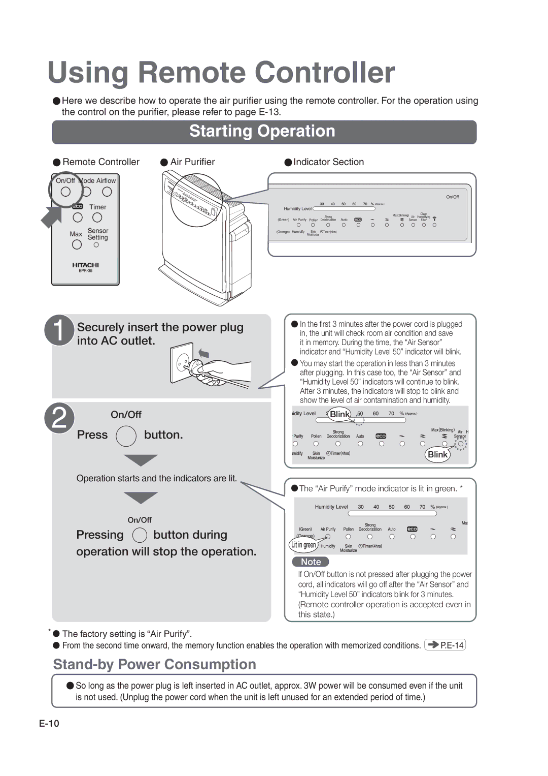 Hitachi hitachi air purifier with humidifying function Starting Operation, Air Purify mode indicator is lit in green 